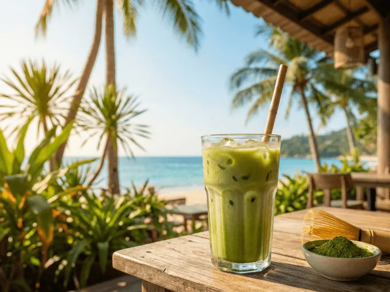 refreshing iced matcha on phuket beach with palm trees - best matcha cafe near me