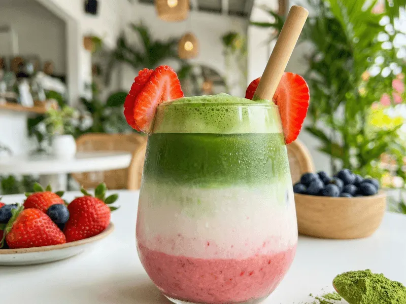 layered strawberry matcha latte with pink bottom and green top - diy recipe matchoya phuket
